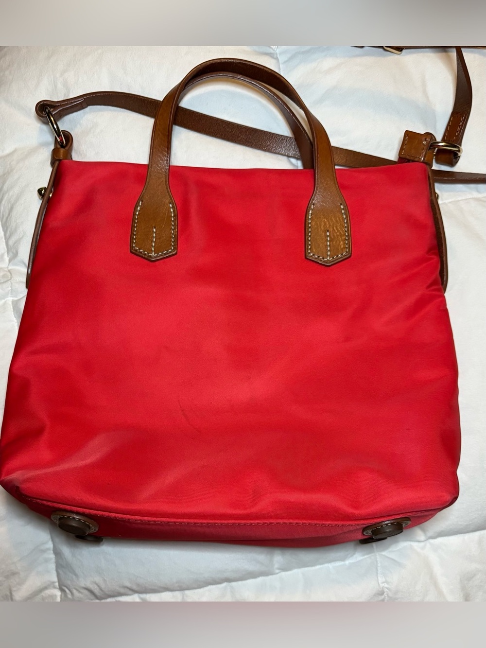 Dooney & Bourke Red Nylon Tote with Brown Leather Accents - Picture 2 of 4